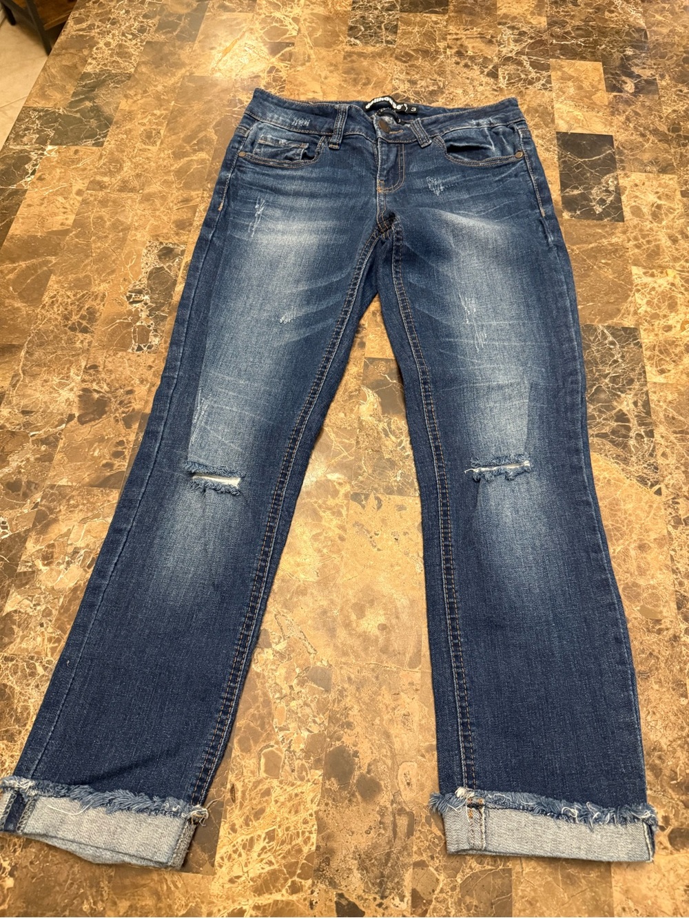 Dollhouse Dark Blue Washed Boyfriend Jeans with Knee Rips